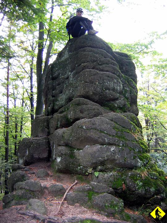 foto 099.jpg - Diabli Kamień, skurczybyk. Z nikąd stoi taki w lesie. Jakby czorci wymysł :) Może stąd właśnie jego nazwa? Wsiadamy na rowery, skręcamy na żółty szlak w stronę Czernichowa i ciśniemy ostro w dół, aż...
